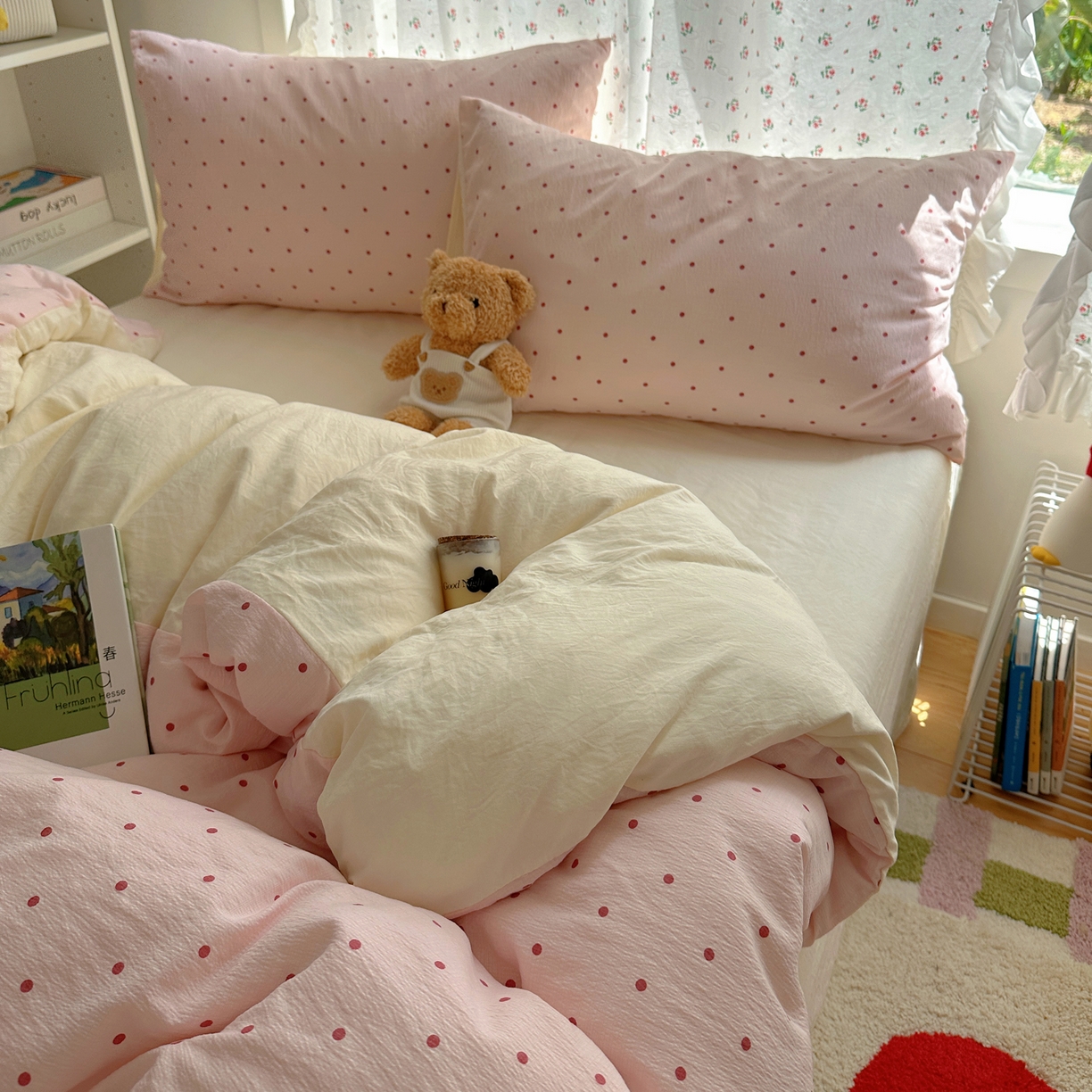 91家纺网 家纺一手货源 找家纺 顾里家纺 2025新款韩系波点云朵棉四件套 粉波点