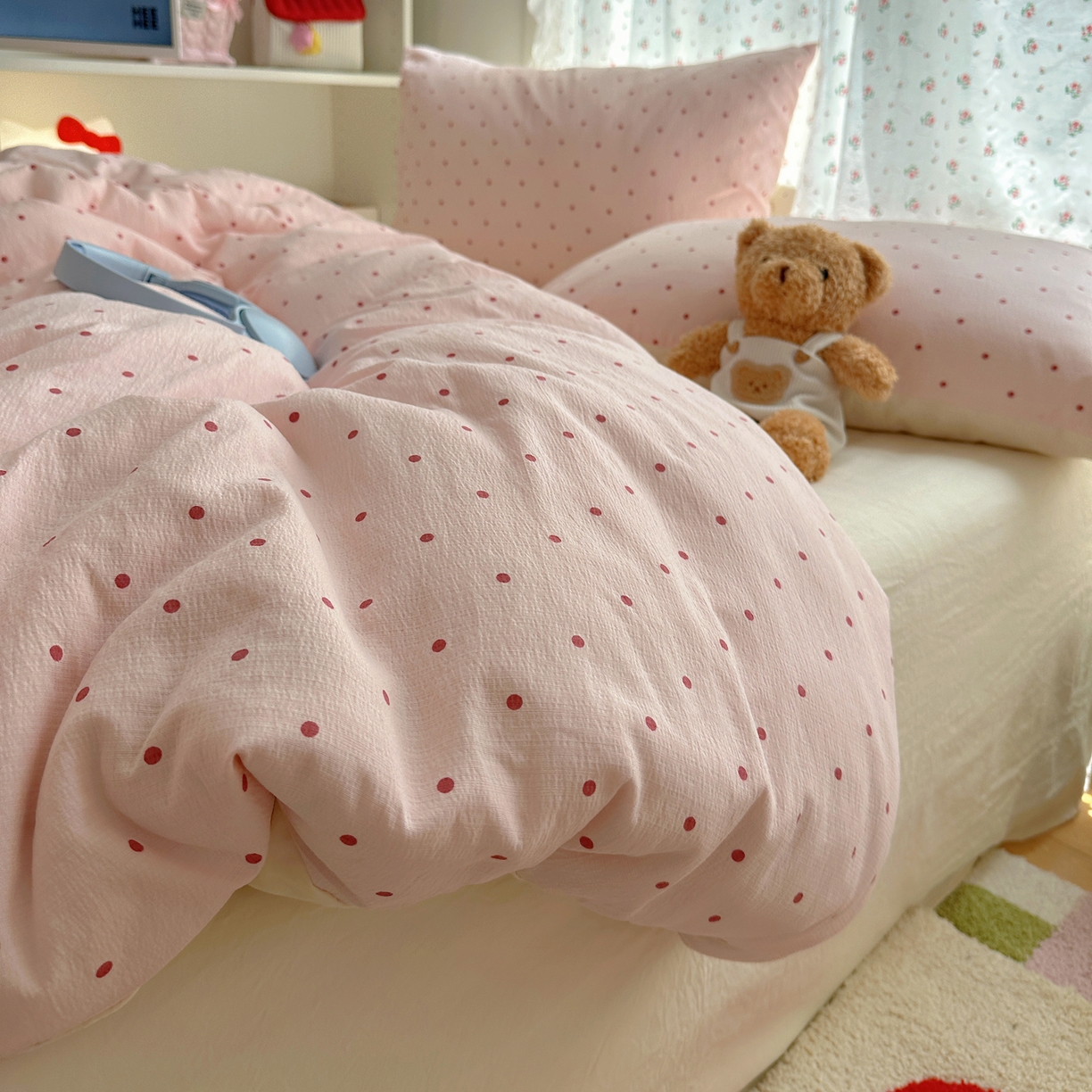 91家纺网 家纺一手货源 找家纺 顾里家纺 2025新款韩系波点云朵棉四件套 粉波点