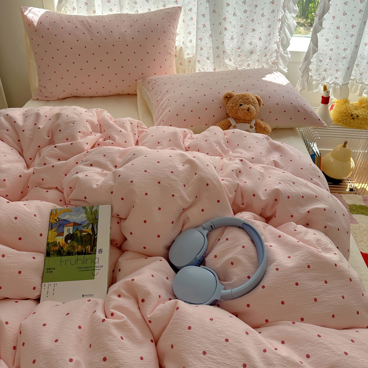 91家纺网 家纺一手货源 找家纺 顾里家纺 2025新款韩系波点云朵棉四件套 粉波点