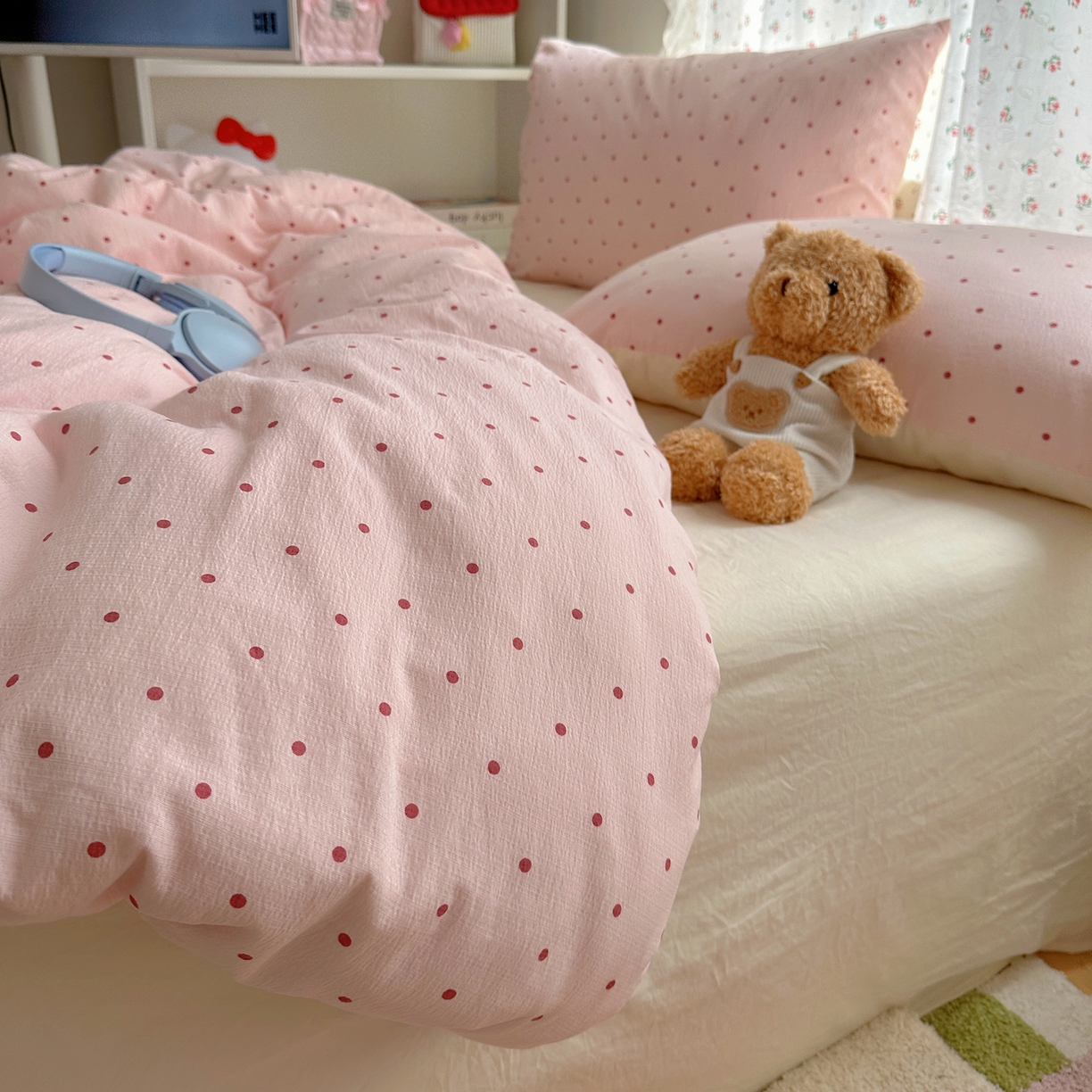 91家纺网 家纺一手货源 找家纺 顾里家纺 2025新款韩系波点云朵棉四件套 粉波点