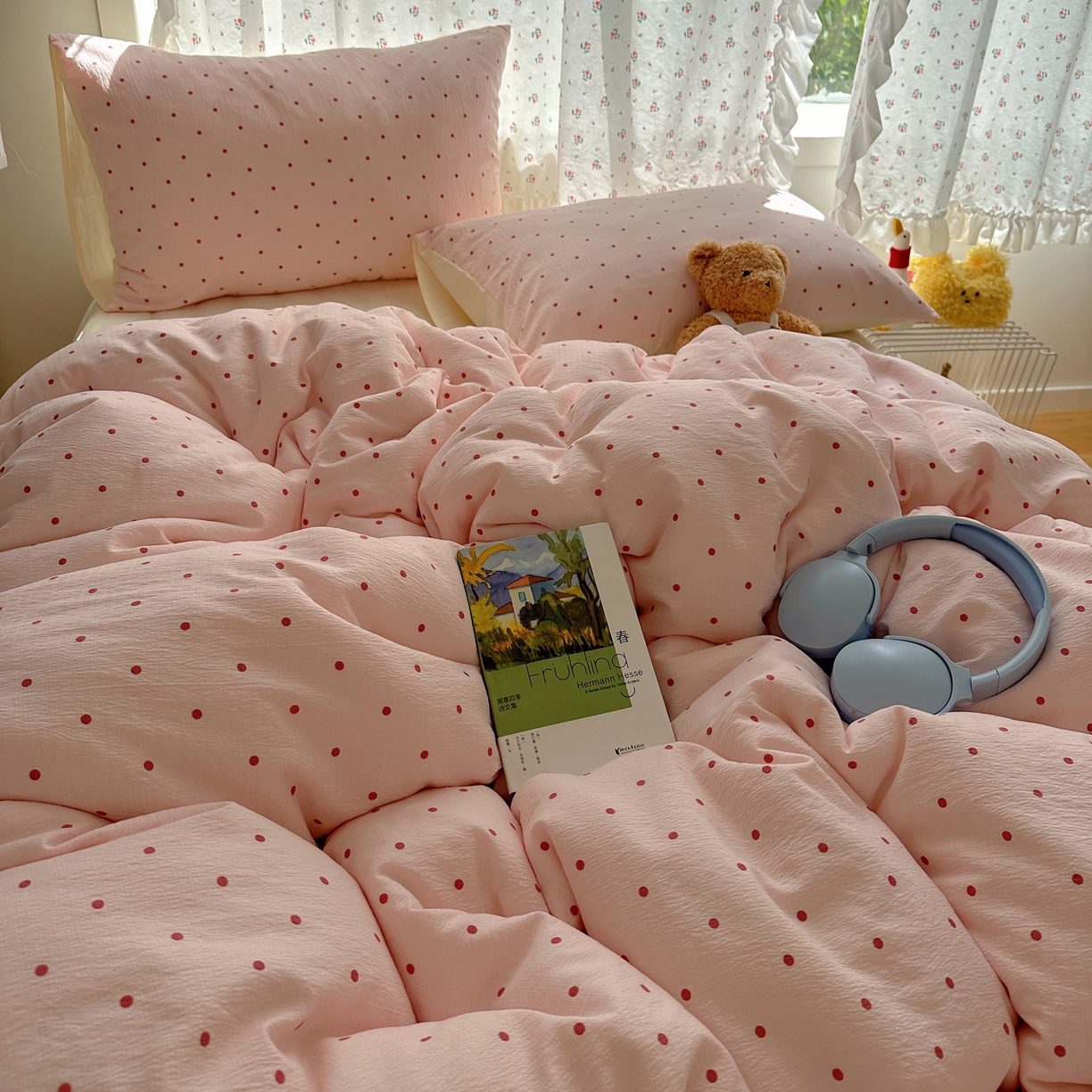 91家纺网 家纺一手货源 找家纺 顾里家纺 2025新款韩系波点云朵棉四件套 粉波点