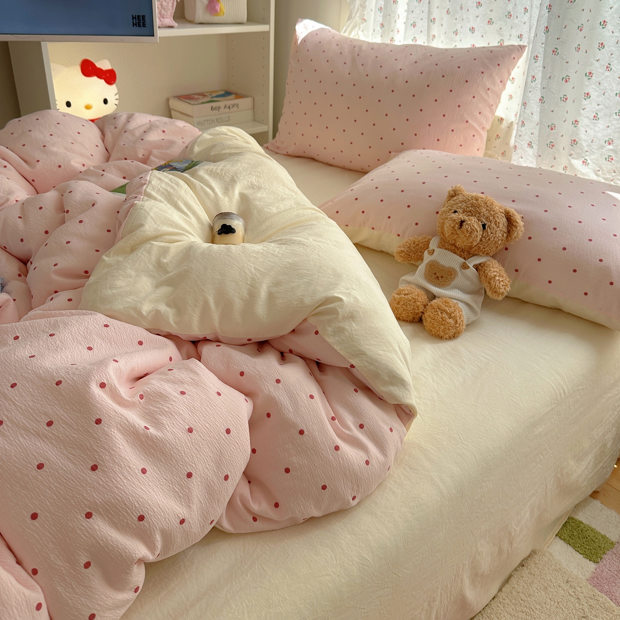 91家纺网 家纺一手货源 找家纺 顾里家纺 2025新款韩系波点云朵棉四件套 粉波点