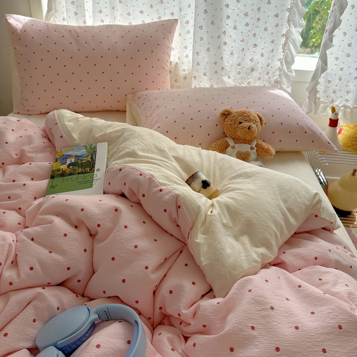 91家纺网 家纺一手货源 找家纺 顾里家纺 2025新款韩系波点云朵棉四件套 粉波点