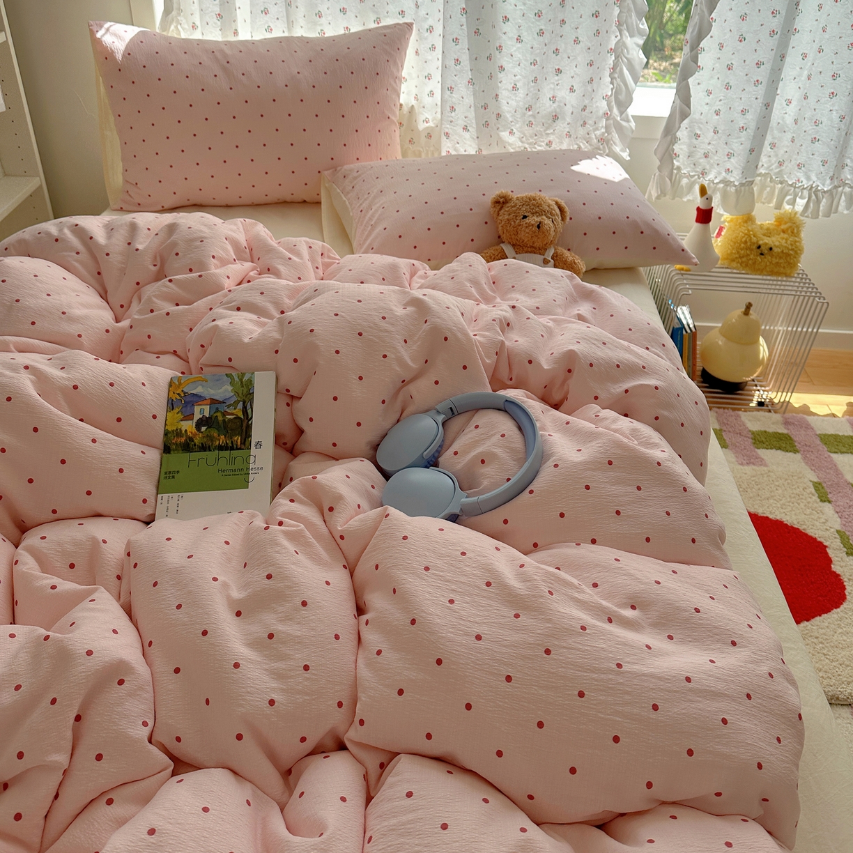 91家纺网 家纺一手货源 找家纺 顾里家纺 2025新款韩系波点云朵棉四件套 粉波点