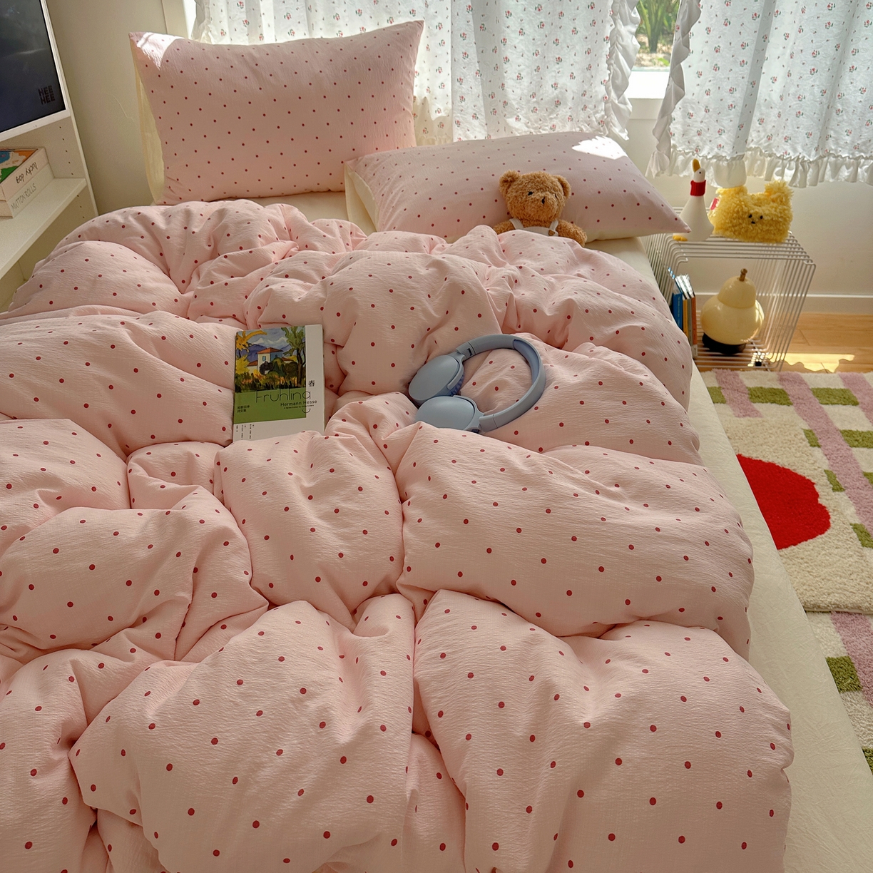 91家纺网 家纺一手货源 找家纺 顾里家纺 2025新款韩系波点云朵棉四件套 粉波点