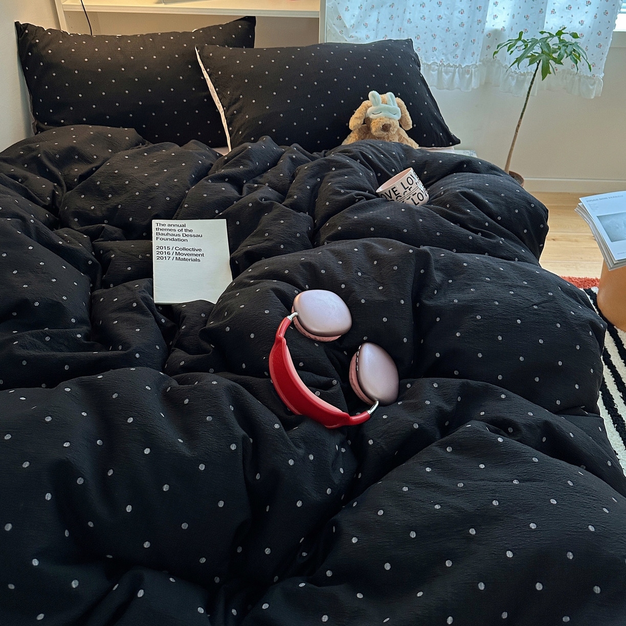 91家纺网 家纺一手货源 找家纺 顾里家纺 2025新款韩系波点云朵棉四件套 黑波点