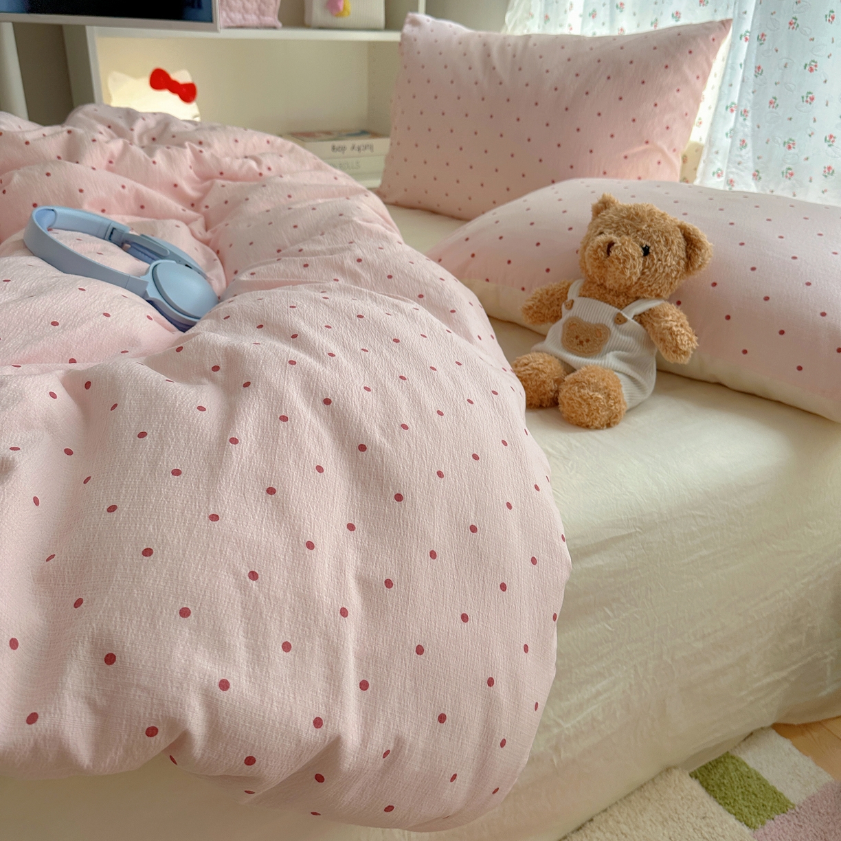 91家纺网 家纺一手货源 找家纺 顾里家纺 2025新款韩系波点云朵棉四件套 粉波点