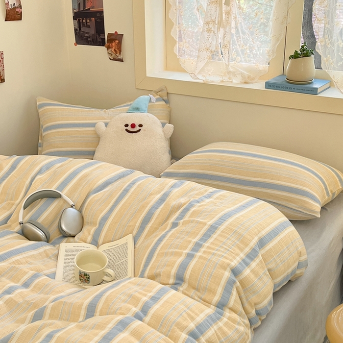 91家纺网 家纺一手货源 找家纺 （总）艾咪 2025新款条纹款全棉色织双层皱皱纱四件套