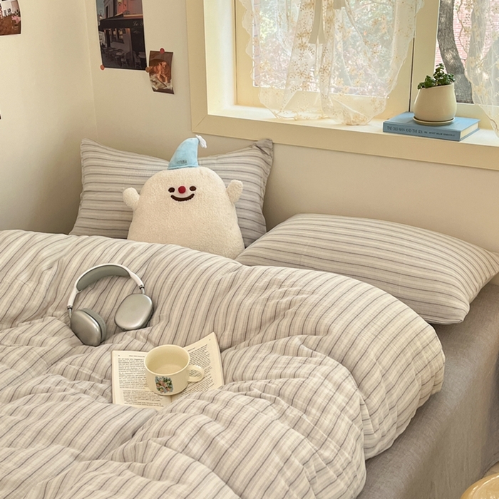 91家纺网 家纺一手货源 找家纺 （总）艾咪 2025新款条纹款全棉色织双层皱皱纱四件套