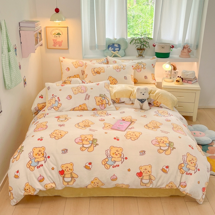 91家纺网 家纺一手货源 找家纺 莱米家纺 2025新款小版牛奶绒印花四件套系列 爱心小熊