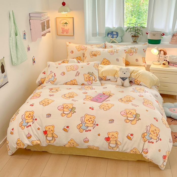 91家纺网 家纺一手货源 找家纺 莱米家纺 2025新款小版牛奶绒印花四件套系列 爱心小熊