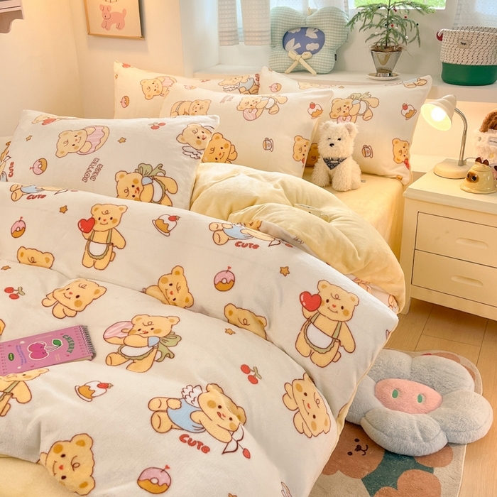 91家纺网 家纺一手货源 找家纺 莱米家纺 2025新款小版牛奶绒印花四件套系列 爱心小熊