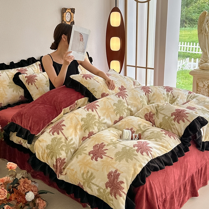 91家纺网 家纺一手货源 找家纺 亿品2025新款直播爆款韩版赫本风高克重牛奶绒四件套床裙款 8.5斤（有买家秀加v） 椰树林