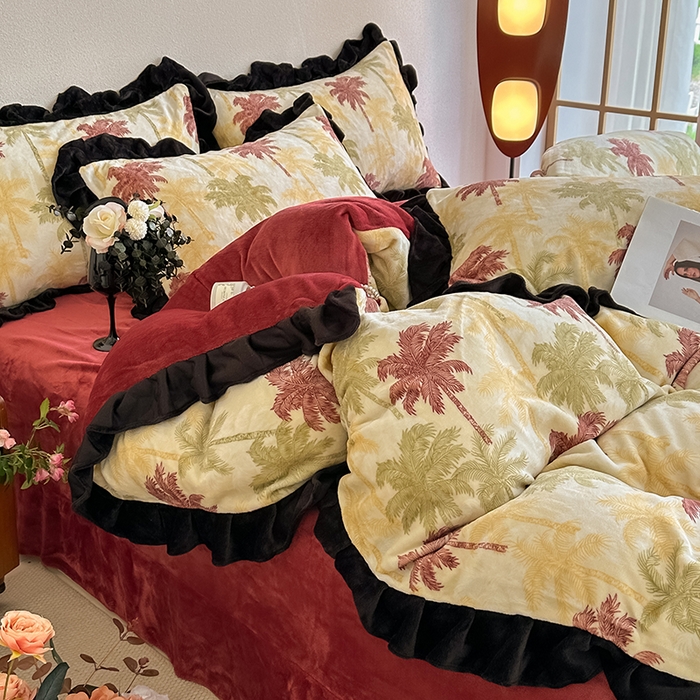 91家纺网 家纺一手货源 找家纺 亿品2025新款直播爆款韩版赫本风高克重牛奶绒四件套床裙款 8.5斤（有买家秀加v） 椰树林