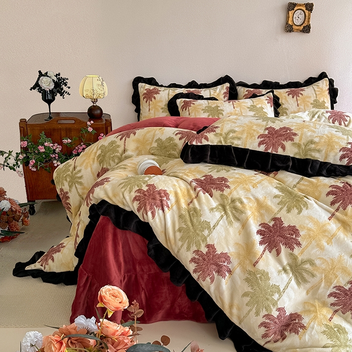 91家纺网 家纺一手货源 找家纺 亿品2025新款直播爆款韩版赫本风高克重牛奶绒四件套床裙款 8.5斤（有买家秀加v） 椰树林