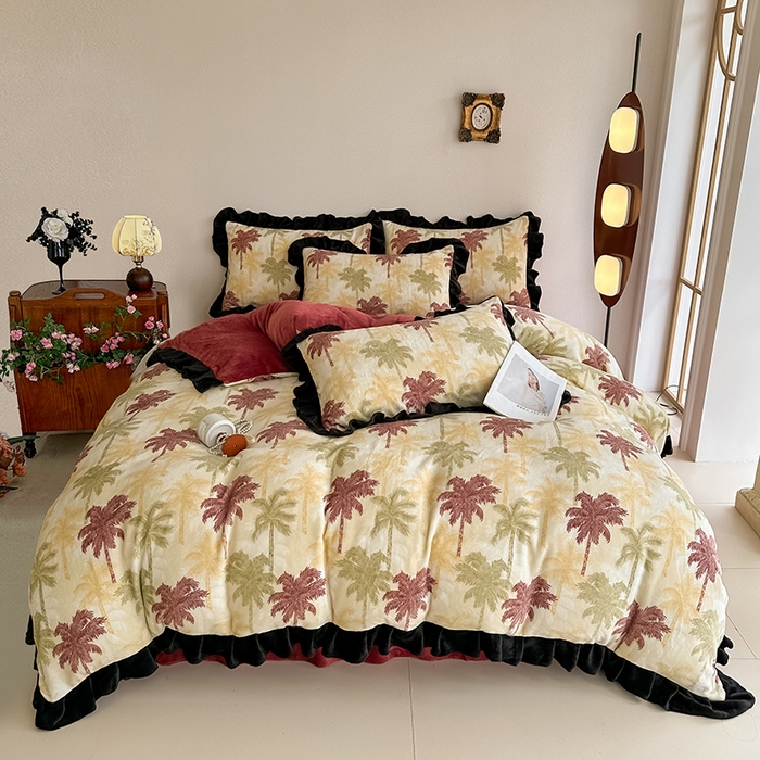 91家纺网 家纺一手货源 找家纺 亿品2025新款直播爆款韩版赫本风高克重牛奶绒四件套床裙款 8.5斤（有买家秀加v） 椰树林