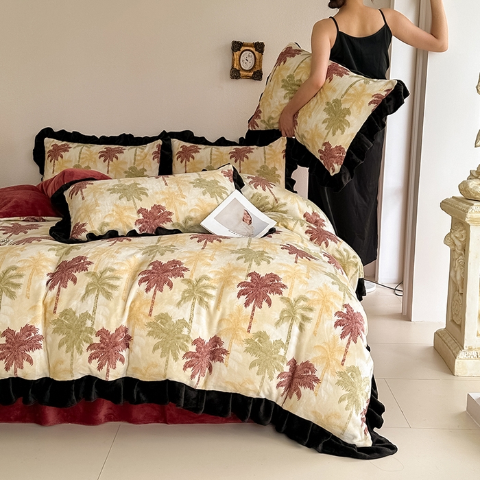 91家纺网 家纺一手货源 找家纺 亿品2025新款直播爆款韩版赫本风高克重牛奶绒四件套床裙款 8.5斤（有买家秀加v） 椰树林