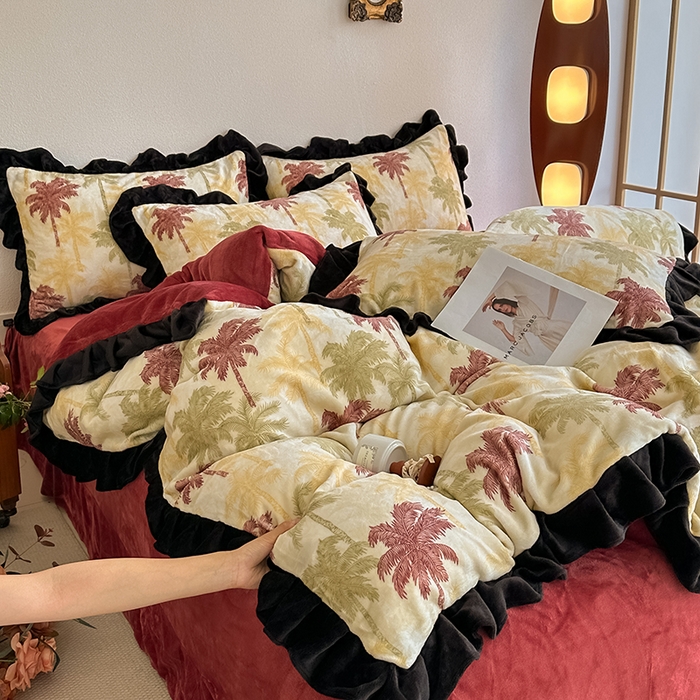 91家纺网 家纺一手货源 找家纺 亿品2025新款直播爆款韩版赫本风高克重牛奶绒四件套床裙款 8.5斤（有买家秀加v） 椰树林