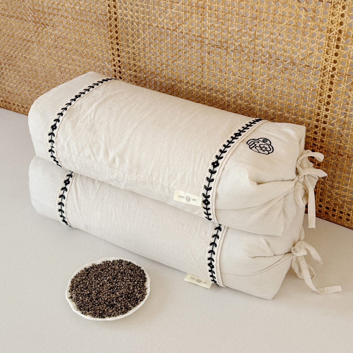 91家纺网 家纺一手货源 找家纺 （总）佳合枕芯 2025新款棉麻国风刺绣荞麦枕(一枕两用） 枕头枕芯