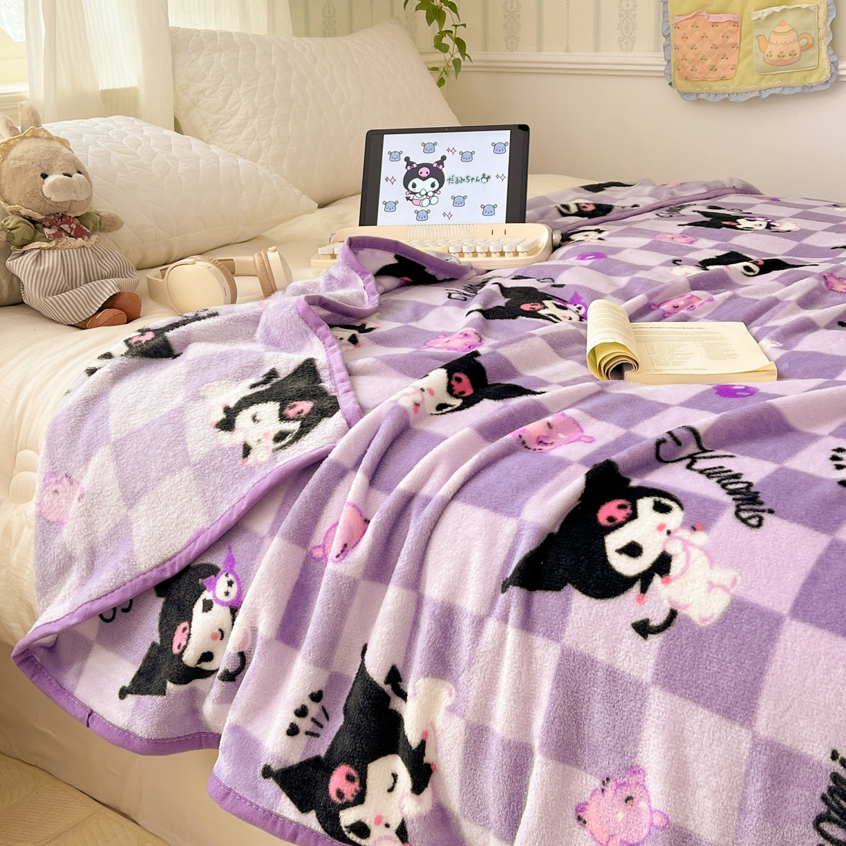 91家纺网 家纺一手货源 找家纺 （总）富米莱（原臻工厂） 2025新款正版授权三丽鸥高克重卡通牛奶绒毛毯多功能毯子盖毯一搭配亮色包边