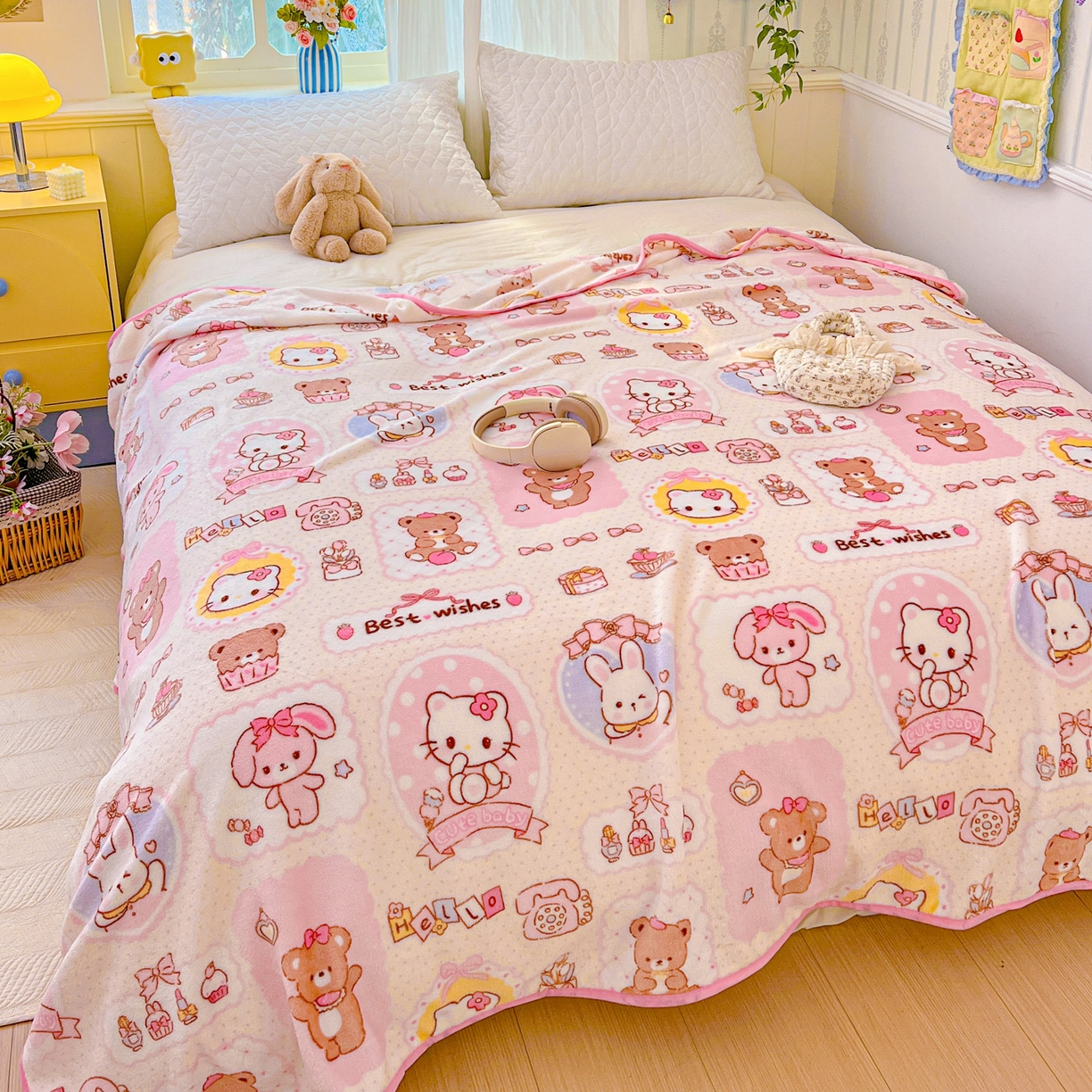 91家纺网 家纺一手货源 找家纺 富米莱（原臻工厂） 2025新款正版授权三丽鸥高克重卡通牛奶绒毛毯多功能毯子盖毯一搭配亮色包边 粉色回忆录