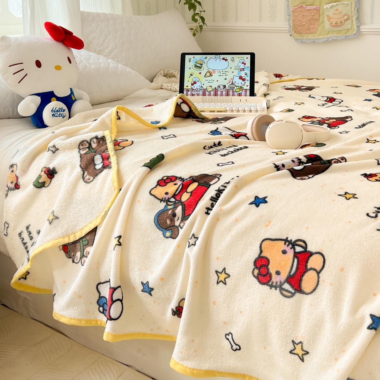 富米莱（原臻工厂） 2025新款正版授权三丽鸥高克重卡通牛奶绒毛毯多功能毯子盖毯一搭配亮色包边 黑皮K t