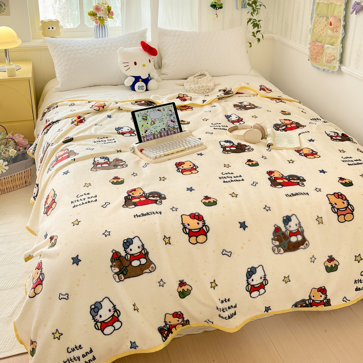 91家纺网 家纺一手货源 找家纺 富米莱（原臻工厂） 2025新款正版授权三丽鸥高克重卡通牛奶绒毛毯多功能毯子盖毯一搭配亮色包边 黑皮K t