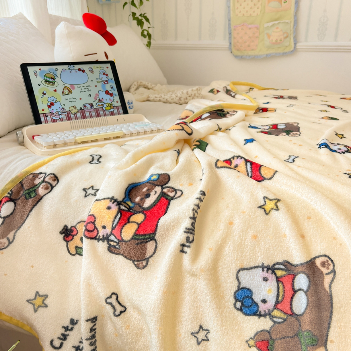 91家纺网 家纺一手货源 找家纺 富米莱（原臻工厂） 2025新款正版授权三丽鸥高克重卡通牛奶绒毛毯多功能毯子盖毯一搭配亮色包边 黑皮K t