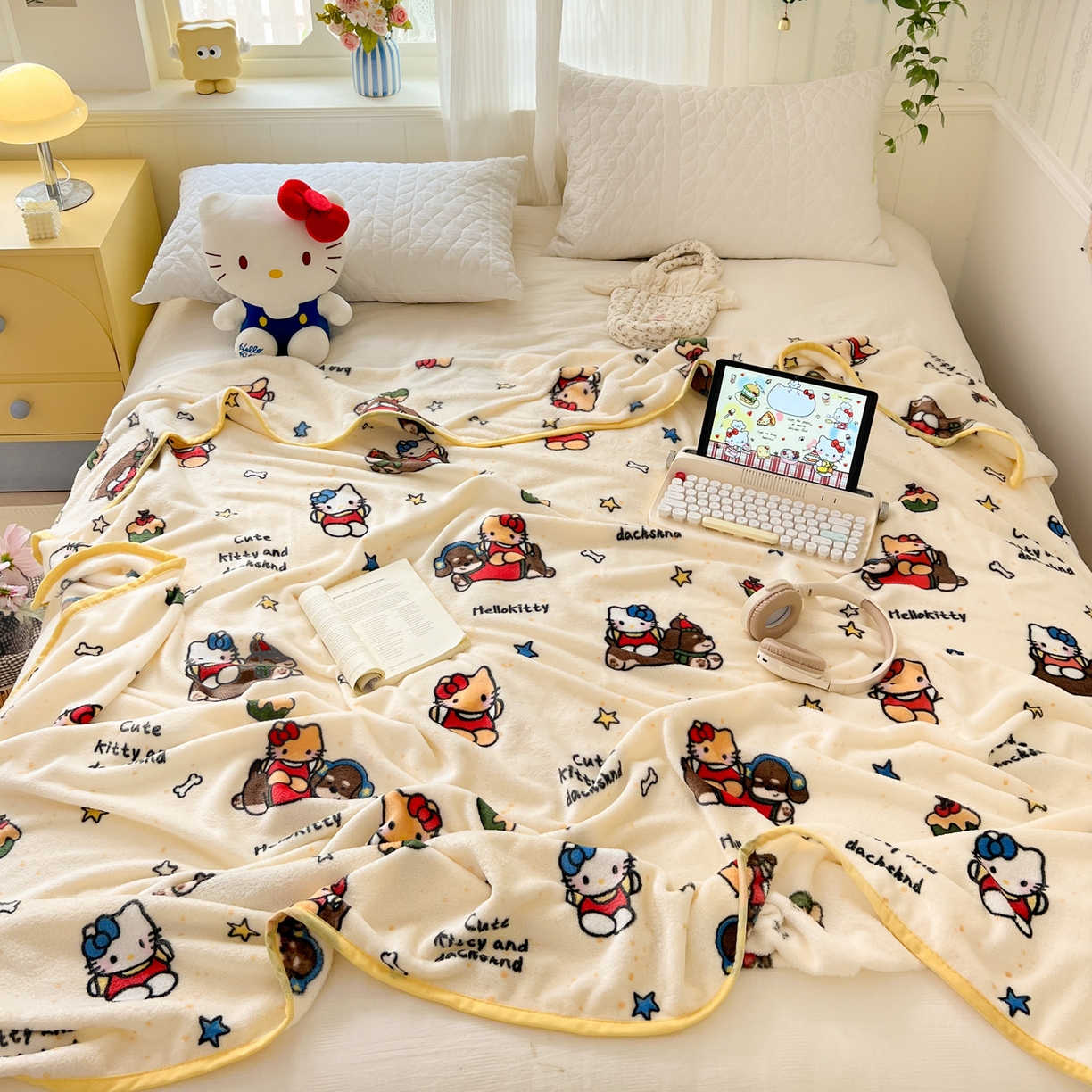 91家纺网 家纺一手货源 找家纺 富米莱（原臻工厂） 2025新款正版授权三丽鸥高克重卡通牛奶绒毛毯多功能毯子盖毯一搭配亮色包边 黑皮K t