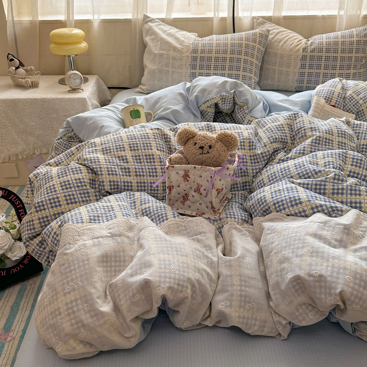 91家纺网 家纺一手货源 找家纺 晚爱家纺（原晚安家居） 2025新款韩系少女风蕾丝花边四件套云感木棉双层纱-苏菲 苏菲·浅蓝格