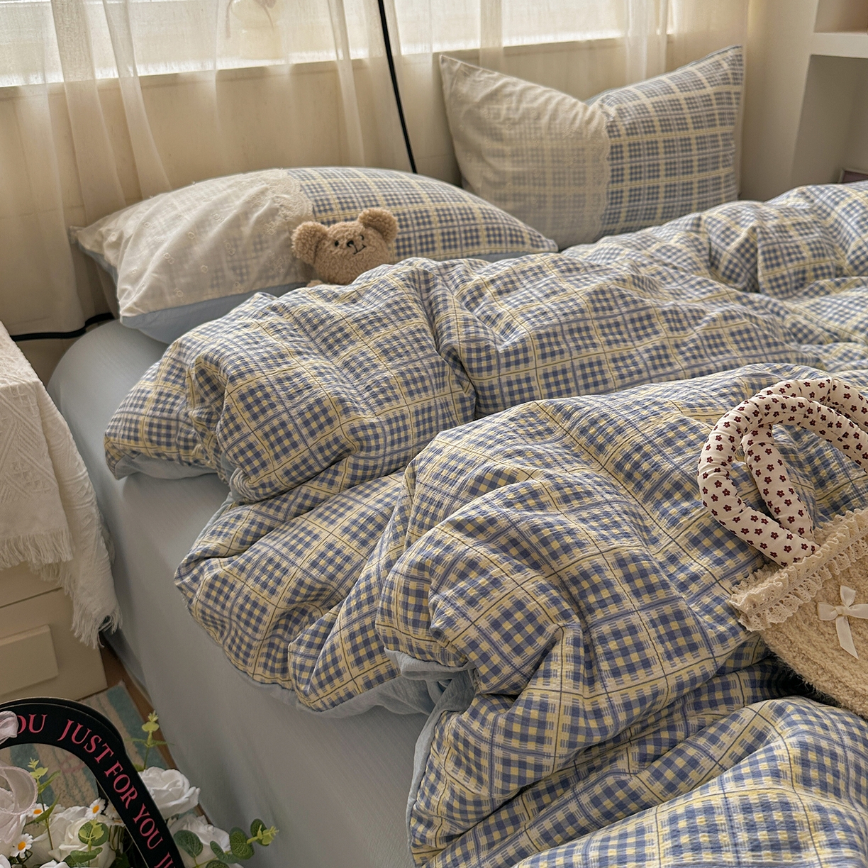 91家纺网 家纺一手货源 找家纺 晚爱家纺（原晚安家居） 2025新款韩系少女风蕾丝花边四件套云感木棉双层纱-苏菲 苏菲·浅蓝格