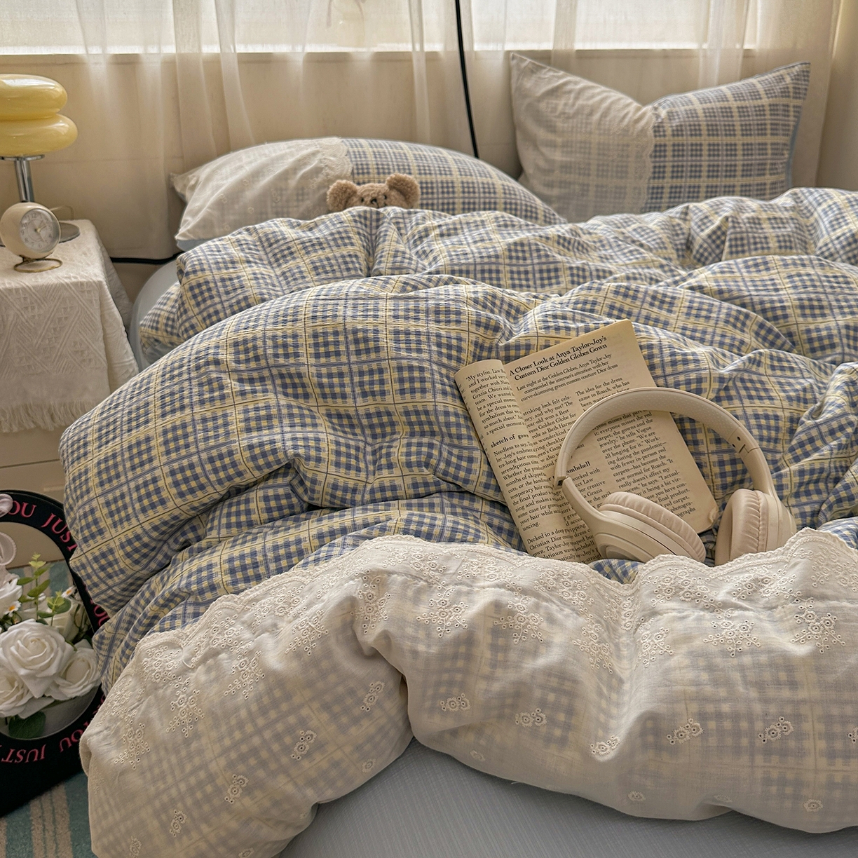 91家纺网 家纺一手货源 找家纺 晚爱家纺（原晚安家居） 2025新款韩系少女风蕾丝花边四件套云感木棉双层纱-苏菲 苏菲·浅蓝格