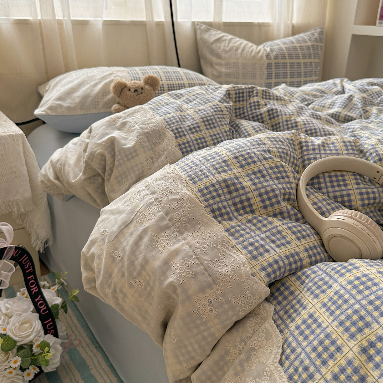 91家纺网 家纺一手货源 找家纺 晚爱家纺（原晚安家居） 2025新款韩系少女风蕾丝花边四件套云感木棉双层纱-苏菲 苏菲·浅蓝格