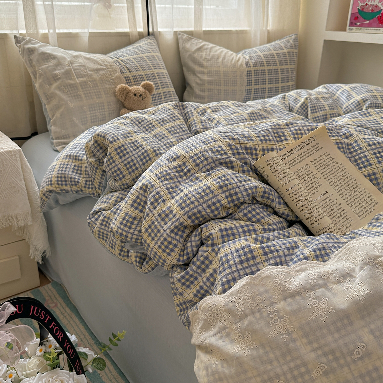 91家纺网 家纺一手货源 找家纺 晚爱家纺（原晚安家居） 2025新款韩系少女风蕾丝花边四件套云感木棉双层纱-苏菲 苏菲·浅蓝格