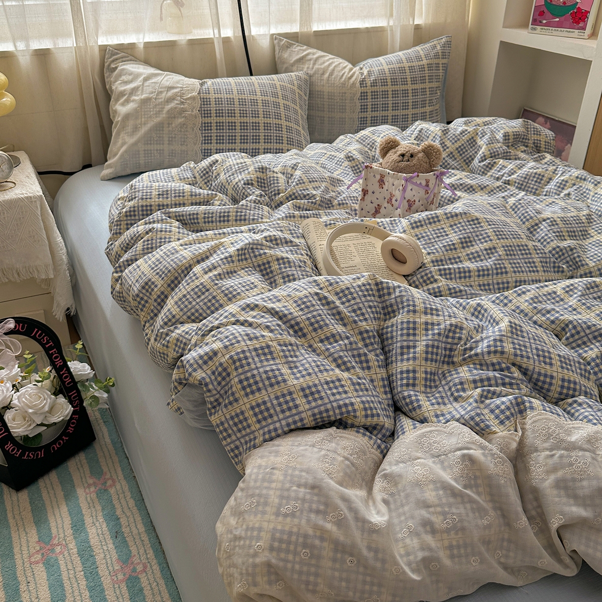 91家纺网 家纺一手货源 找家纺 晚爱家纺（原晚安家居） 2025新款韩系少女风蕾丝花边四件套云感木棉双层纱-苏菲 苏菲·浅蓝格