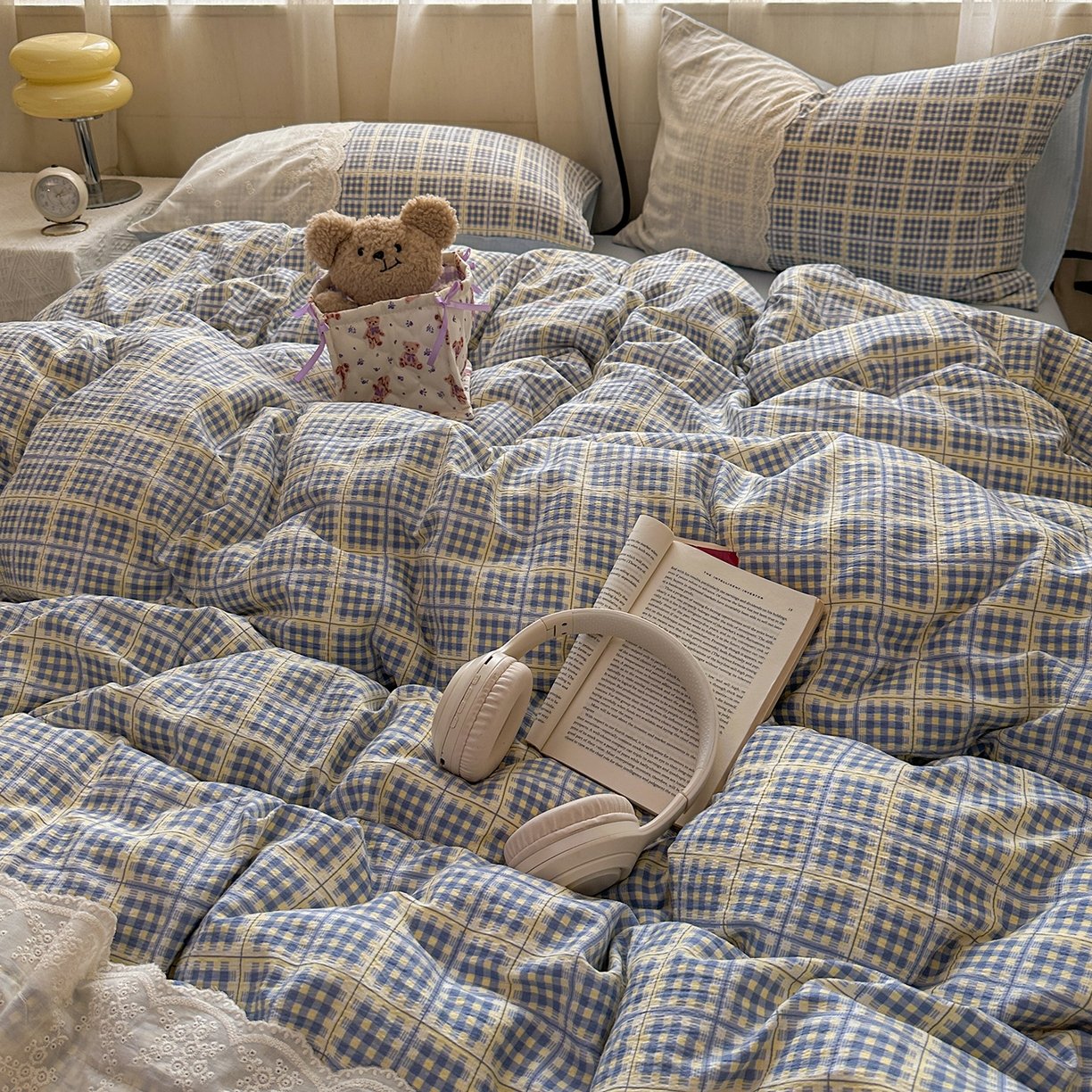 91家纺网 家纺一手货源 找家纺 晚爱家纺（原晚安家居） 2025新款韩系少女风蕾丝花边四件套云感木棉双层纱-苏菲 苏菲·浅蓝格