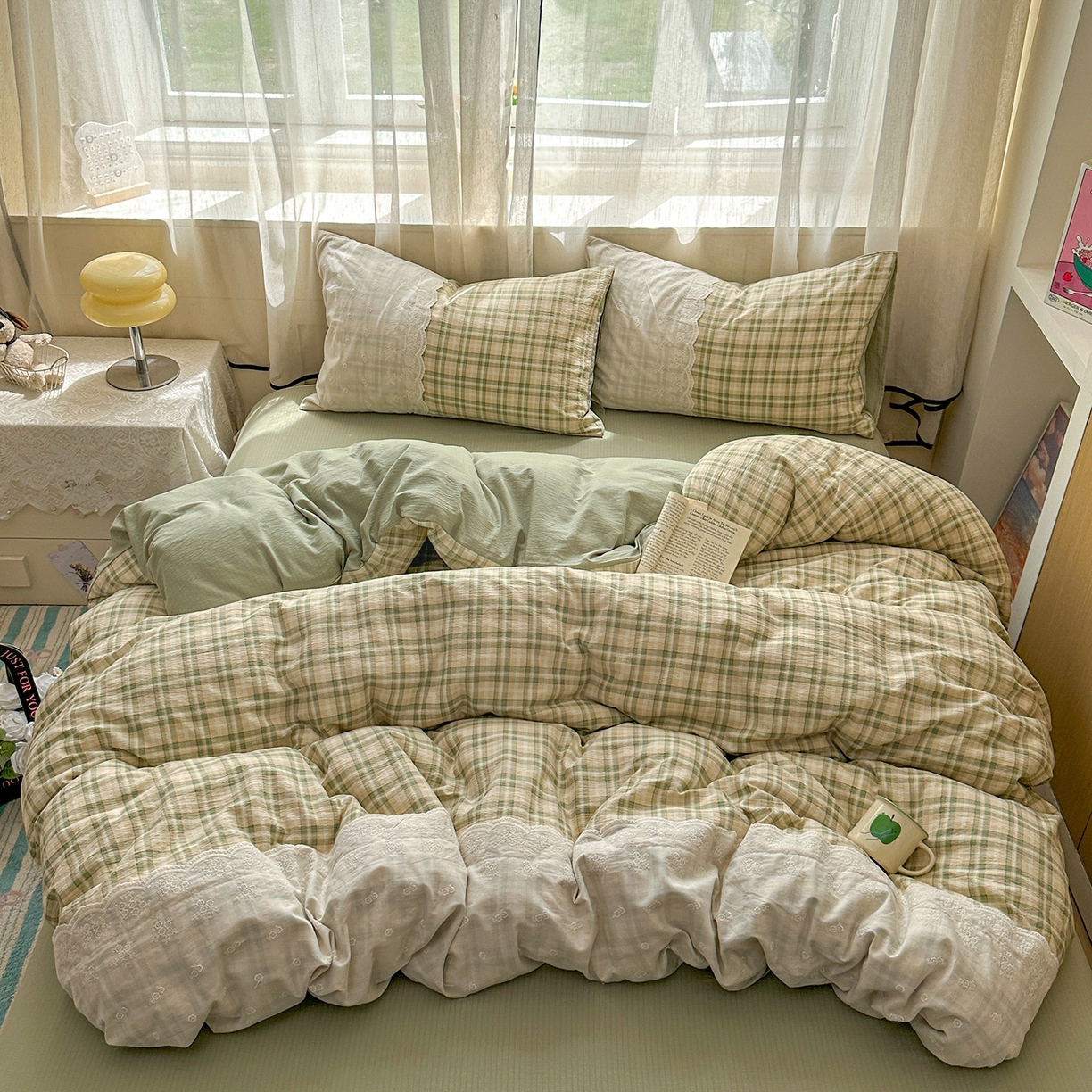 晚爱家纺（原晚安家居） 2025新款韩系少女风蕾丝花边四件套云感木棉双层纱-苏菲 苏菲·浅绿格