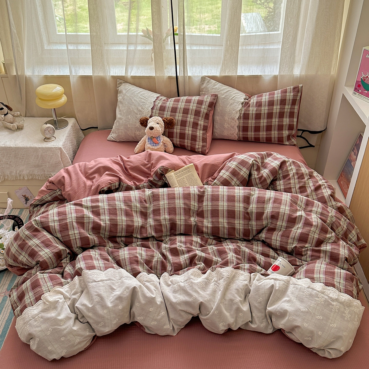 晚爱家纺（原晚安家居） 2025新款韩系少女风蕾丝花边四件套云感木棉双层纱-苏菲 苏菲·深咖格