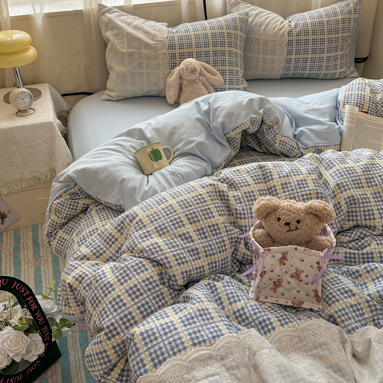 91家纺网 家纺一手货源 找家纺 晚爱家纺（原晚安家居） 2025新款韩系少女风蕾丝花边四件套云感木棉双层纱-苏菲 苏菲·浅蓝格