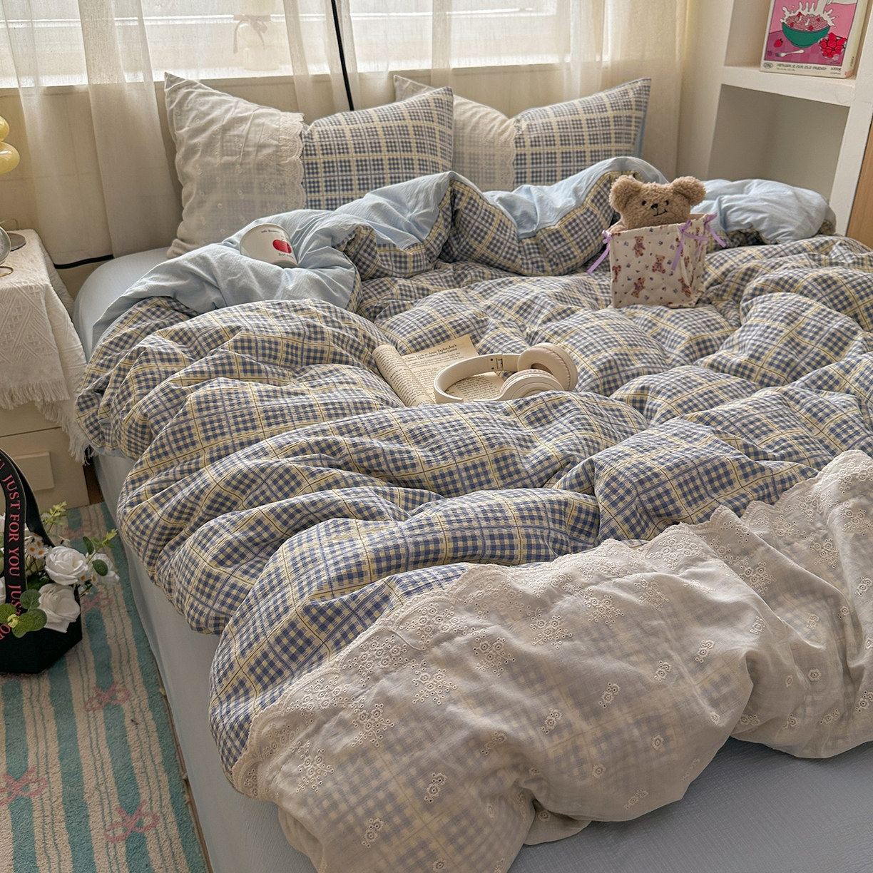 91家纺网 家纺一手货源 找家纺 晚爱家纺（原晚安家居） 2025新款韩系少女风蕾丝花边四件套云感木棉双层纱-苏菲 苏菲·浅蓝格