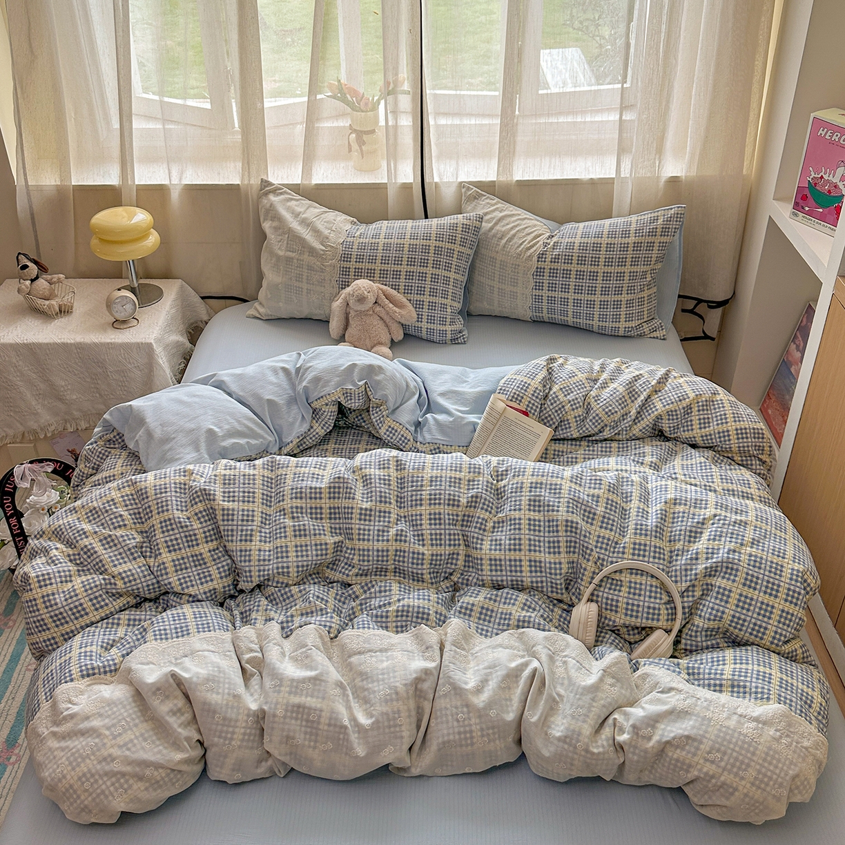 晚爱家纺（原晚安家居） 2025新款韩系少女风蕾丝花边四件套云感木棉双层纱-苏菲 苏菲·浅蓝格