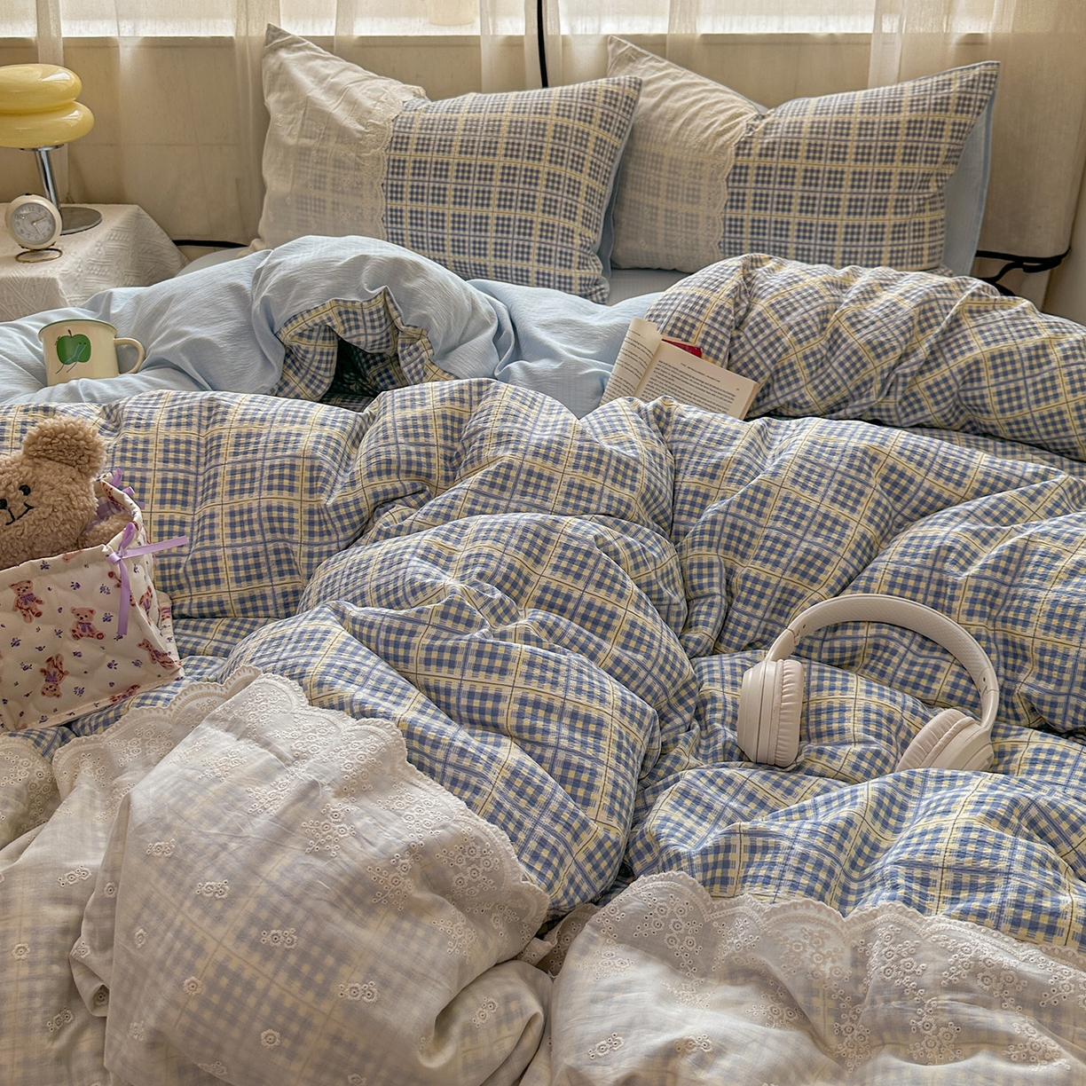 91家纺网 家纺一手货源 找家纺 晚爱家纺（原晚安家居） 2025新款韩系少女风蕾丝花边四件套云感木棉双层纱-苏菲 苏菲·浅蓝格