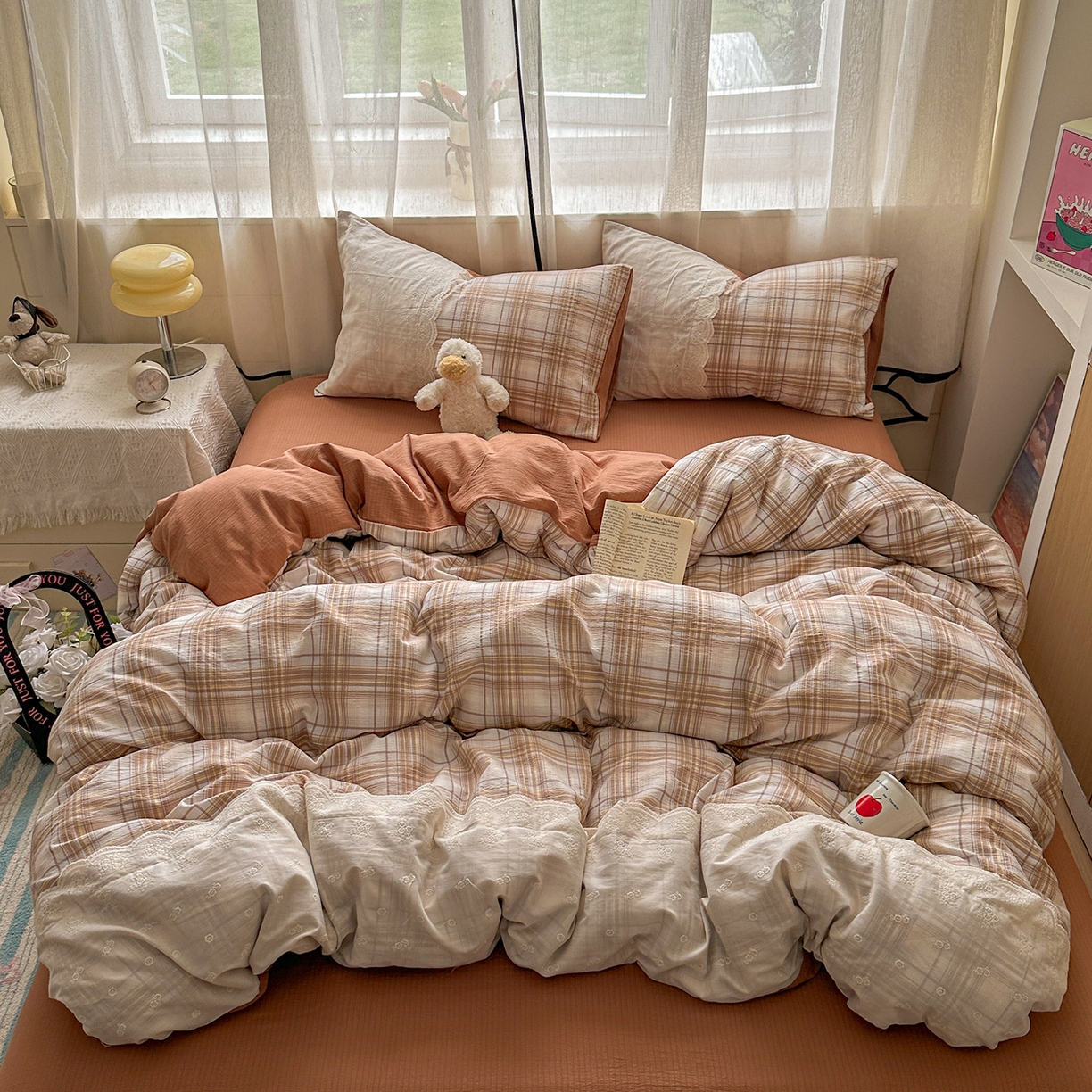 晚爱家纺（原晚安家居） 2025新款韩系少女风蕾丝花边四件套云感木棉双层纱-苏菲 苏菲·浅咖格