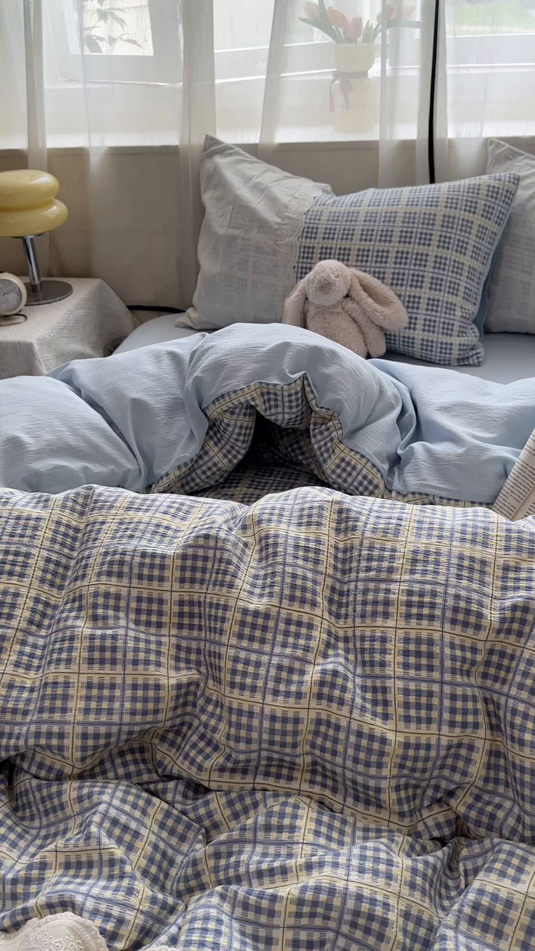 91家纺网 家纺一手货源 找家纺 晚爱家纺（原晚安家居） 2025新款韩系少女风蕾丝花边四件套云感木棉双层纱-苏菲 苏菲·浅蓝格