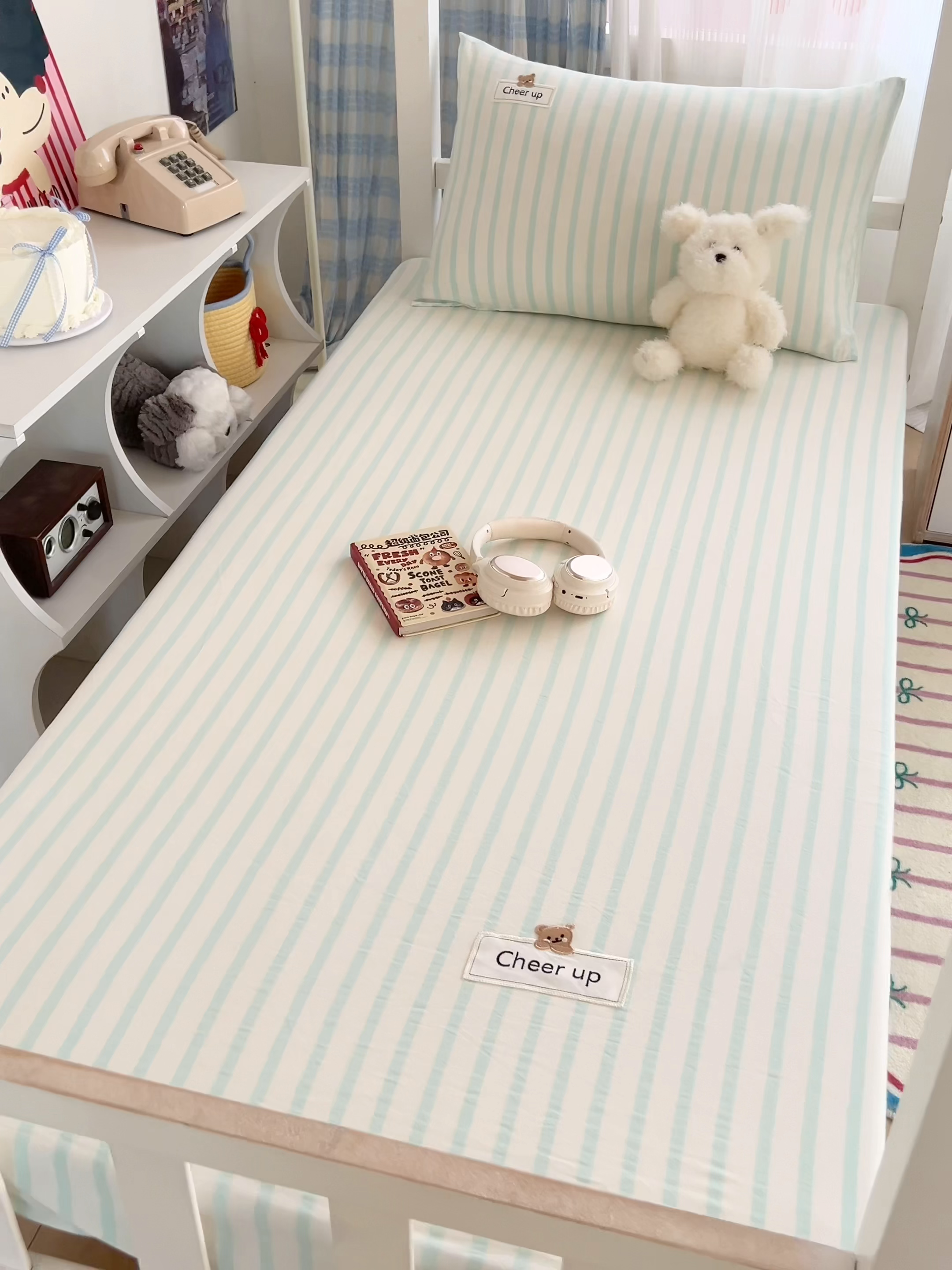 91家纺网 家纺一手货源 找家纺 沐纯家居 2025新款A类宿舍全棉纯棉色织水洗棉三件套-kimi熊系列 野原-绿