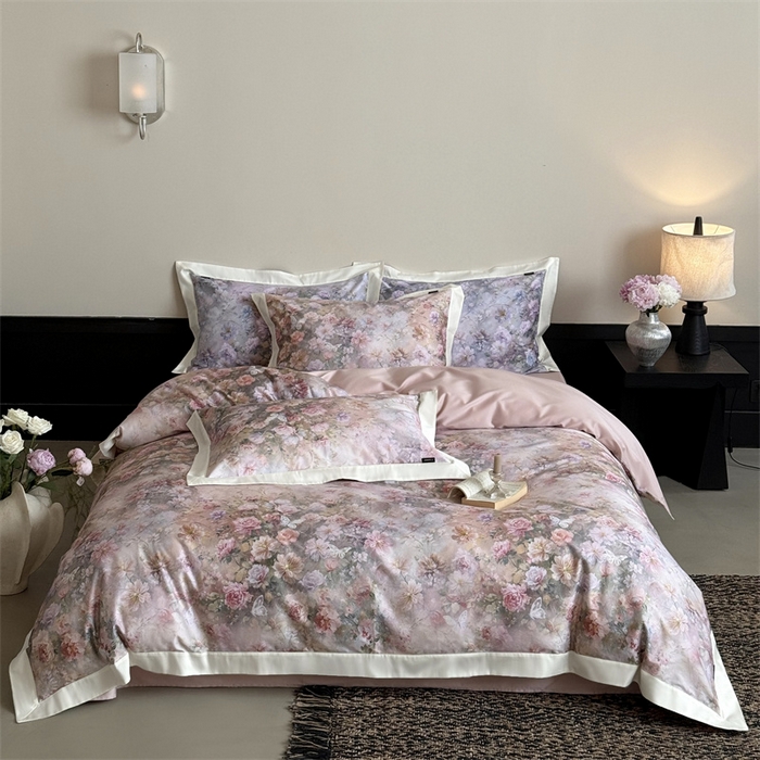 91家纺网 家纺一手货源 找家纺 鹿班家居 2025秋冬款100S长绒棉数码印花系列四件套-春水微澜（标准会员-20元） 春水微澜-粉色