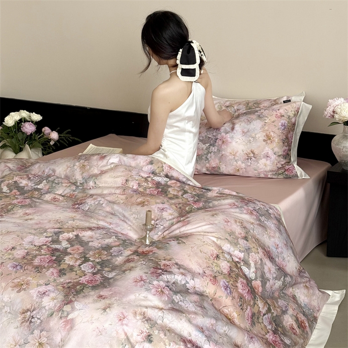 91家纺网 家纺一手货源 找家纺 鹿班家居 2025秋冬款100S长绒棉数码印花系列四件套-春水微澜（标准会员-20元） 春水微澜-粉色