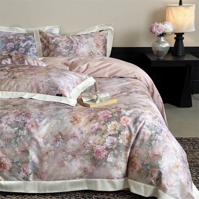 91家纺网 家纺一手货源 找家纺 鹿班家居 2025秋冬款100S长绒棉数码印花系列四件套-春水微澜（标准会员-20元） 春水微澜-粉色