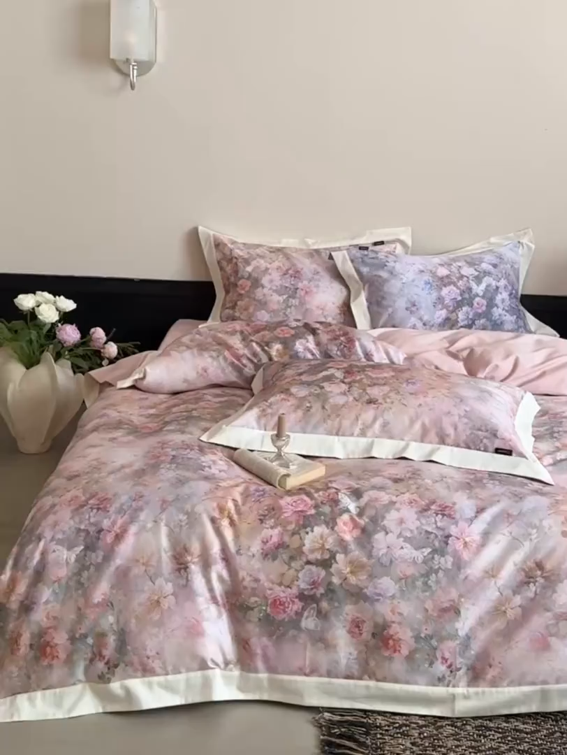 91家纺网 家纺一手货源 找家纺 鹿班家居 2025秋冬款100S长绒棉数码印花系列四件套-春水微澜（标准会员-20元） 春水微澜-粉色