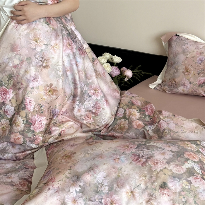 91家纺网 家纺一手货源 找家纺 鹿班家居 2025秋冬款100S长绒棉数码印花系列四件套-春水微澜（标准会员-20元） 春水微澜-粉色